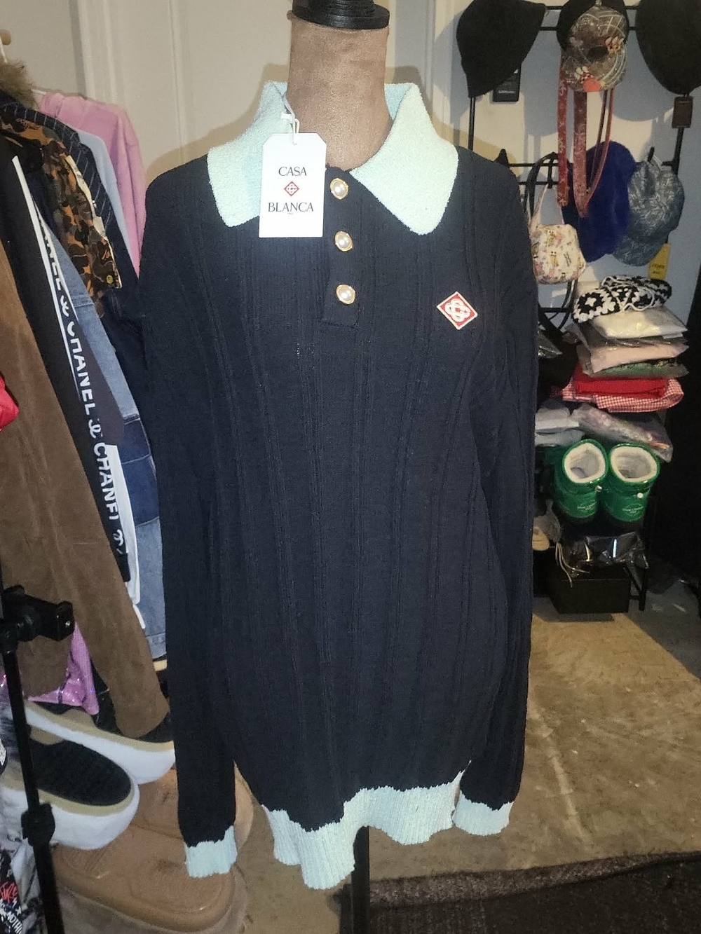 Casablanca Paris Knit Polo Sweater Pearl Button Black White NWT
